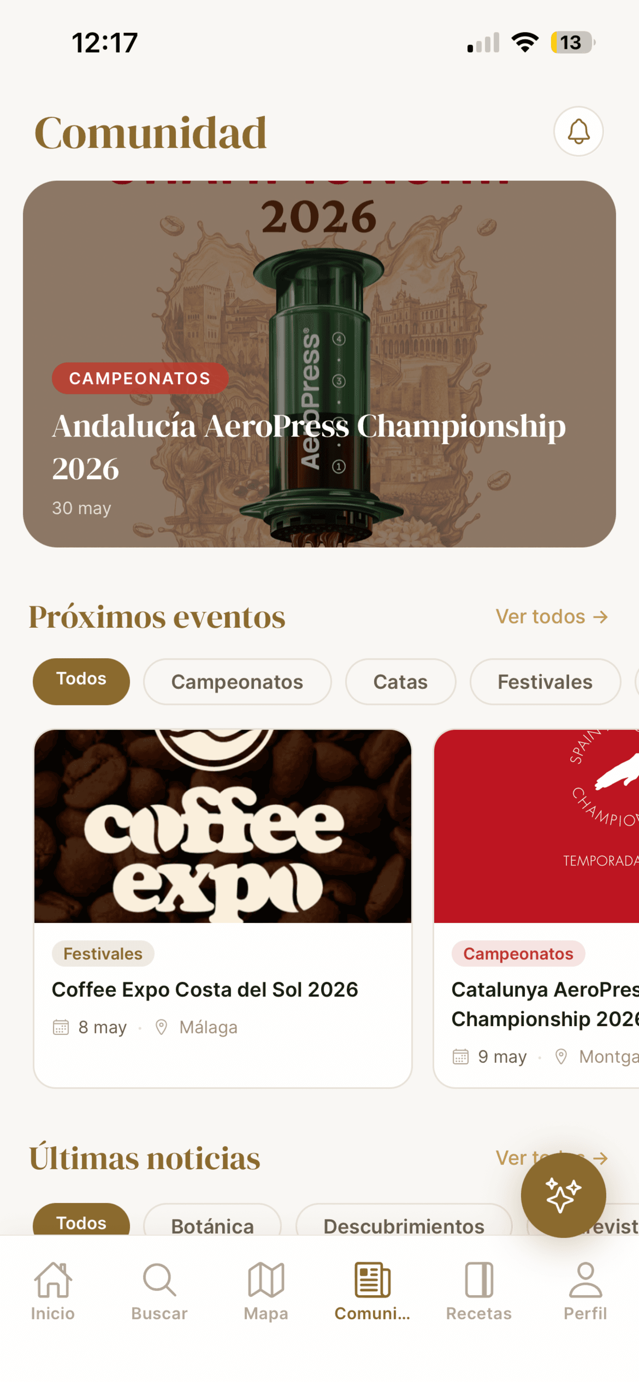 Sección Comunidad de Atlas Coffee con eventos y competiciones.