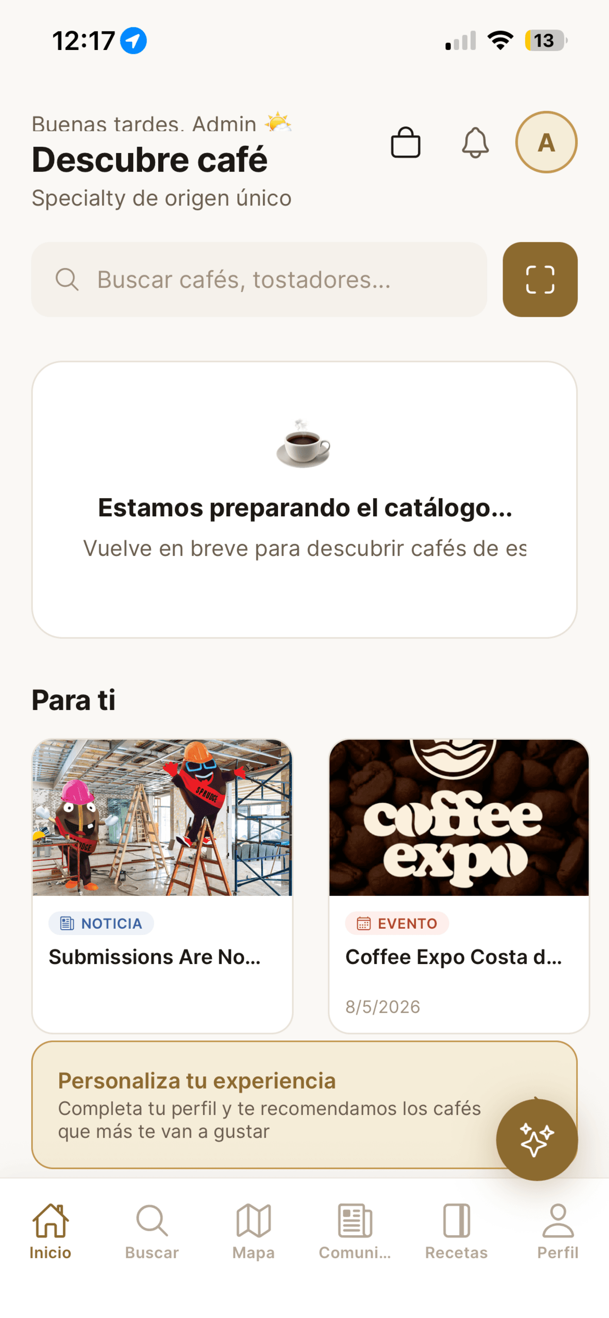 Pantalla principal de Atlas Coffee mostrando café de especialidad en la app iOS.